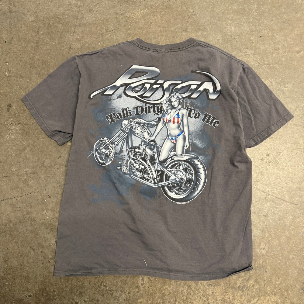 Poison‎ Band T-Shirt Talk Dirty To Me Graphic Chopper Motorcycle Grey Mens L